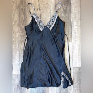 Vintage Maidenform:  Black Satin Slip with Lace Trim & leg slit :size medium